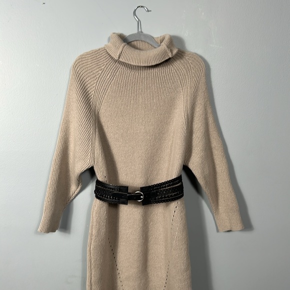 Tan Color Mock Neck Drop Shoulder Sweater Knit Dress sz M- L - Picture 9 of 17